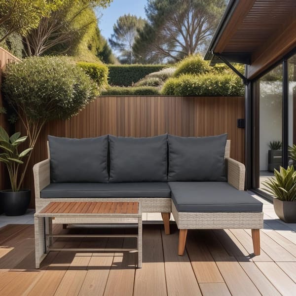 Sudzendf Natural Yellow 3-Piece Wicker Outdoor Patio Sectional Sofa Set with Dark Gray Cushions