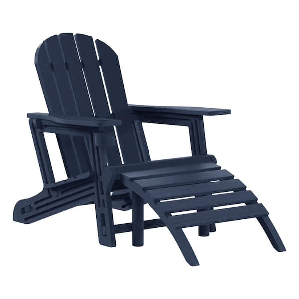 Coastline Navy Blue Outdoor Patio All Weather HDPE Poly Plastic Adirondack Chair w/ Ottoman Set of 1