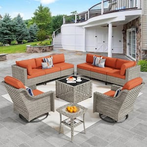 Thor 10-Piece Wicker Patio Conversation Seating Sofa Set with Orange Red Cushions and Swivel Rocking Chairs