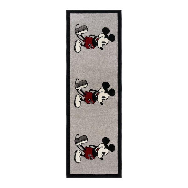Disney Mickey Mouse Bravo Classic Pose Gray 3 ft. x 8 ft. Border Indoor Runner Rug