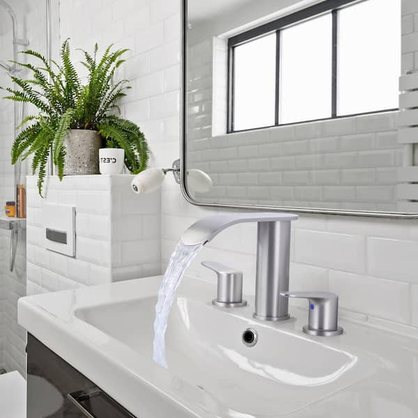 Waterfall 8 in. Widespread Double Handle Bathroom Faucet with Pop-up Drain in Brushed Nickel