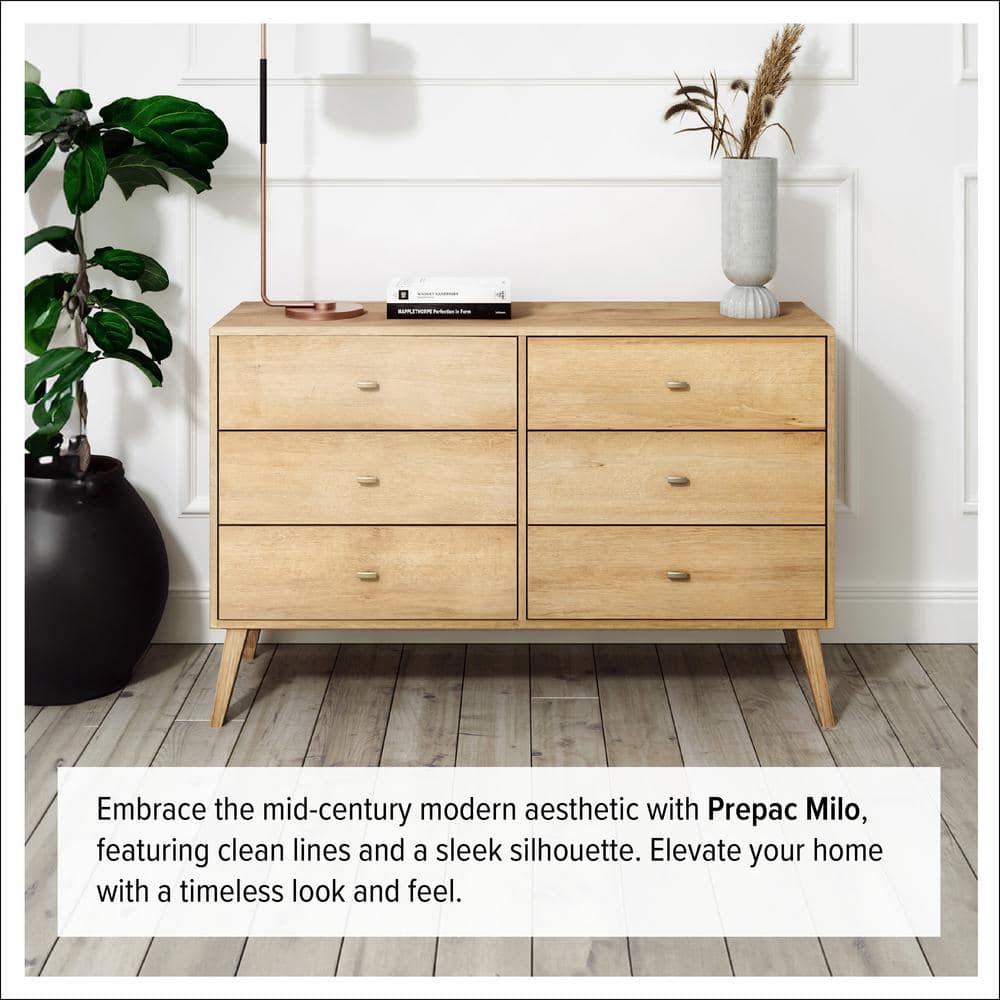 Prepac Milo 6 Drawer Bedroom Dresser Natural Oak