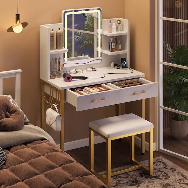 2-Drawers White LED Light Makeup Vanity Sets with Touch Screen Dimming Mirror, Bulid-in Outlets and Storage Shelves
