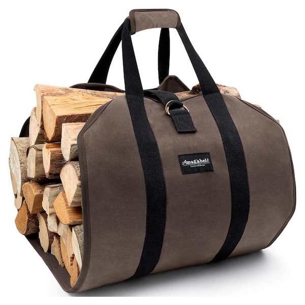 Angel Sar Dark Brown Waxed Canvas Firewood Carrier Bag - Large Log Tote for Indoor/Outdoor Use