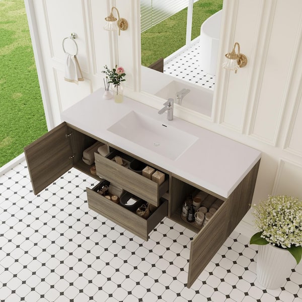 59.06 in. W x 19.69 in. D x 22.44 in. H Wall Hung Bath Vanity in Ash Grey with Resin Single Basin Vanity Top in White