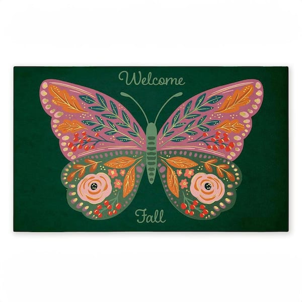 Fall Patterned Butterfly Green 18 in. x 30 in. Polyester Non-Slip Outdoor Door Mat