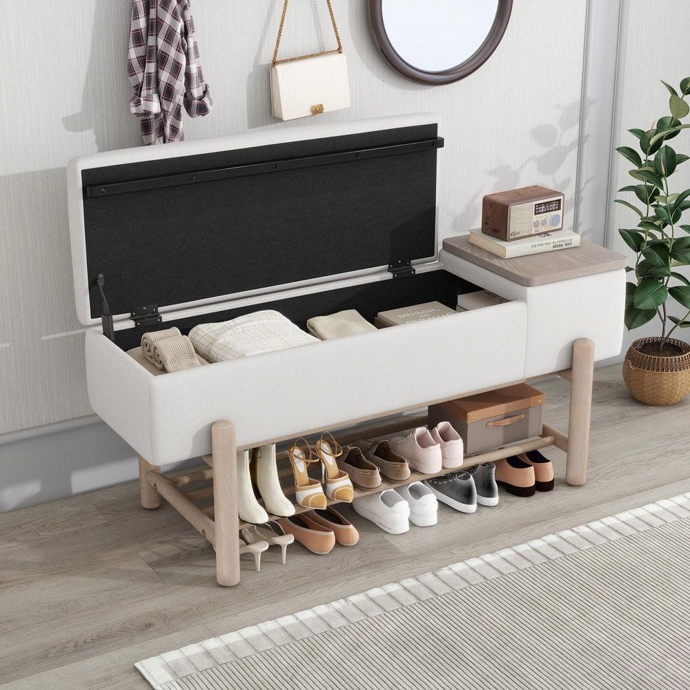 47.2 in. Natural Farmhouse Beige Upholstered Entryway Storage Bench with Lift Top Hidden Compartment, Slatted Shoe Rack