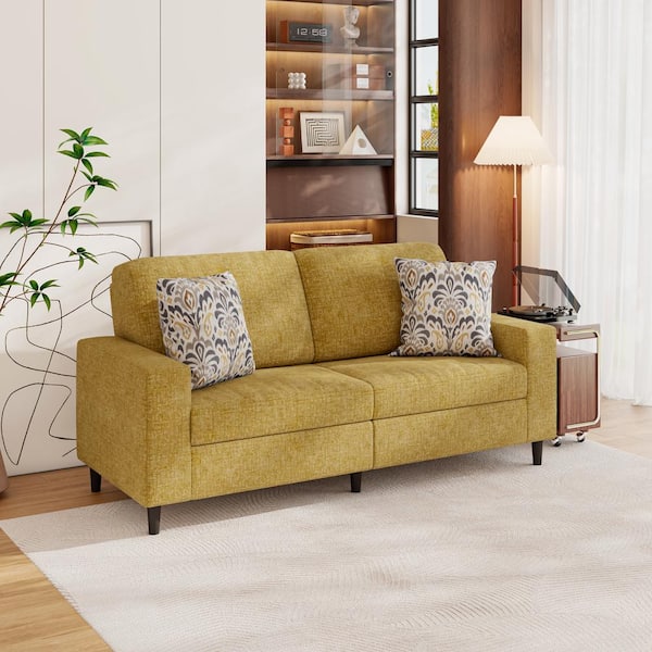 Handy Living Copeland 77.5 in. Square Arm Fabric Rectangle Modern Sofa in. Textured Mustard Yellow Chenille with 2 Throw Pillows APT S191 FAP20 The Home Depot