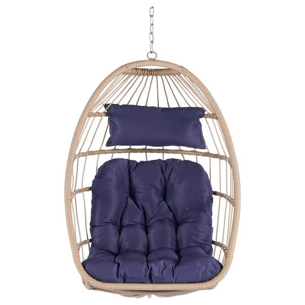 Zeus & Ruta Brown Rattan Wood Porch Swing Outdoor Indoor Garden Rattan Egg Swing Chair Hanging Chair with Dark Blue Cushions