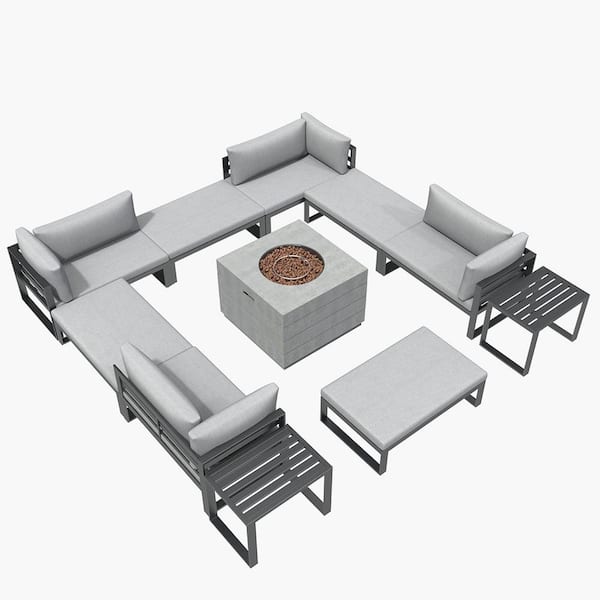 DIRECT WICKER Jess 11-Piece Aluminum Patio Conversation Set with Grey Cushions and Stools