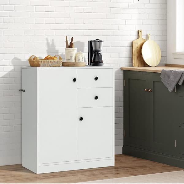 White Wood 28.5 in. Kitchen Storage Cabinet 2-Drawer Sideboard Floor Cupboard with Adjustable Shelves