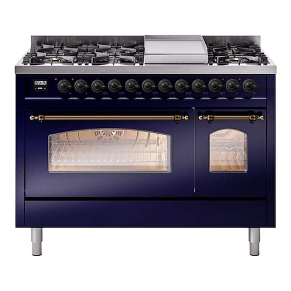 Nostalgie II 48 in. Dual Fuel Liquid Propane Range with 8 Burners, Griddle, Burnished Trim in Midnight Blue