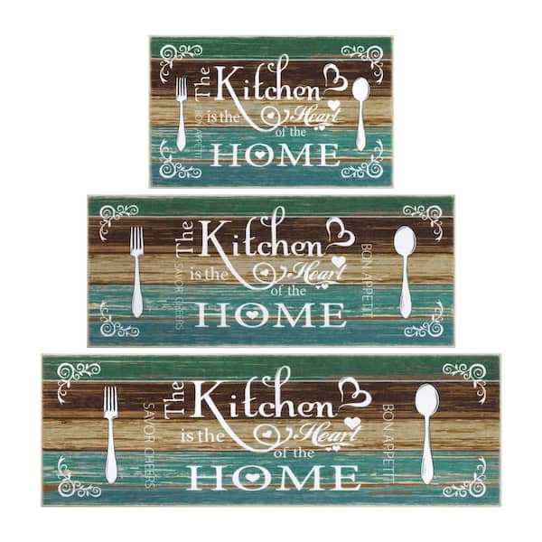 Teal 20 in. x 32 in., 20 in. x 47 in. and 20 in. x 59 in. Polyester Washable Non-Slip Indoor Kitchen Mat Set