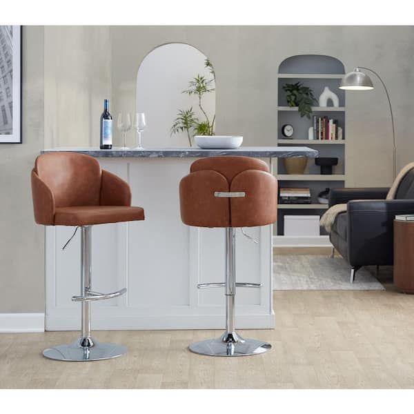 Dahlia 45.75 in. Camel Faux Leather and Chrome Metal Adjustable Bar Stool with Rounded T Footrest (Set of 2)