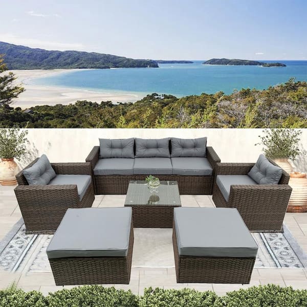 6-Piece Wicker Patio Conversation Set with Gray Cushions