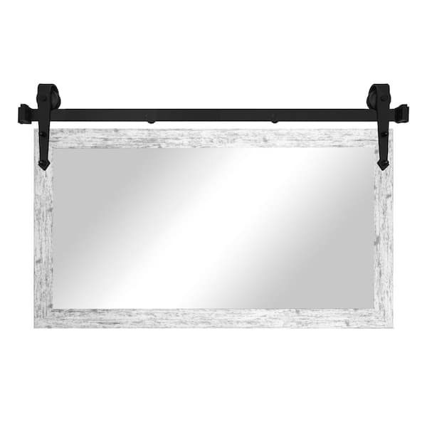(66 in. W x 33 in. H) Barnwood White Modern Rustic Mirror with Steel Barn Door Rail