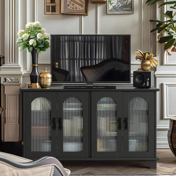 Dovelina 45 in. W x 26 in. H Black Media Storage Stands TV Stands with Arch Glass Door