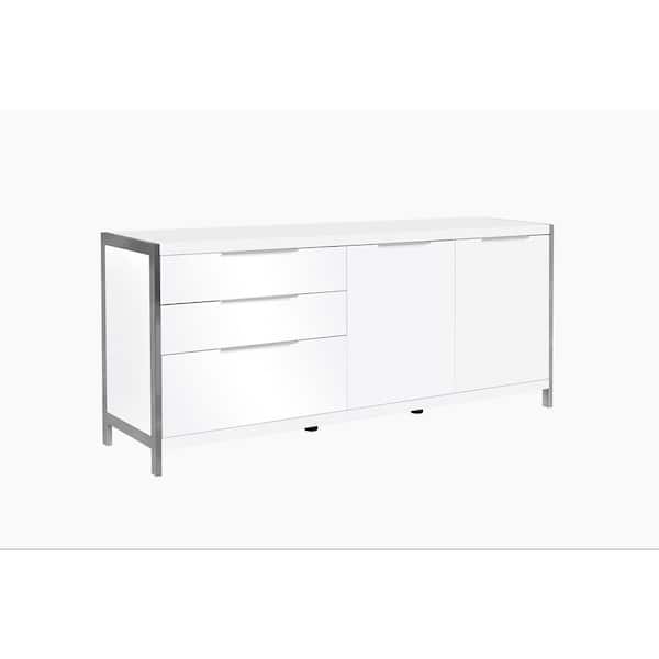 Best Quality Furniture Natalia High Gloss White 18 in. Display Cabinet 2 Door Stainless Steel 3 Drawers.