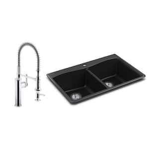 Kennon Drop-in/Undermount Granite Composite 33 in. Double Bowl Kitchen Sink with Sous Kitchen Faucet in Matte Black