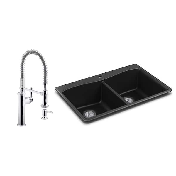 KOHLER Kennon Drop-In Granite Composite 33 in. Double Bowl Kitchen Sink with Sous Kitchen Faucet in Matte Black
