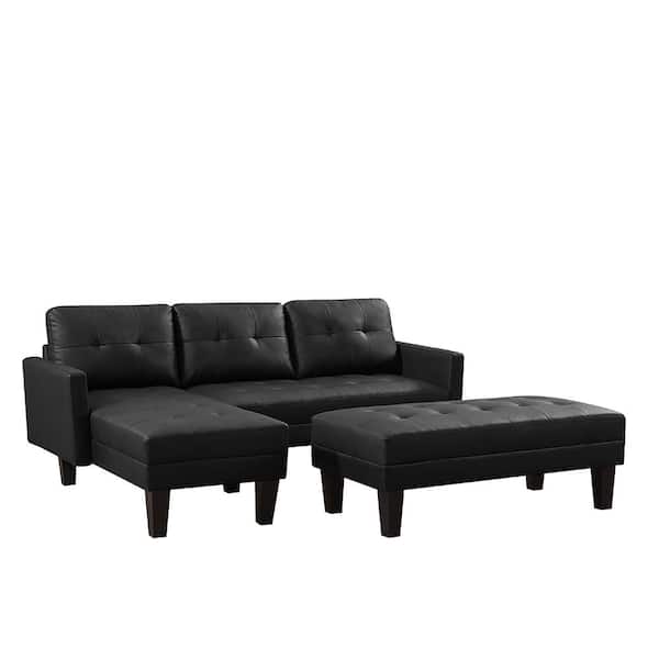 Aoibox 80.7 in. W Faux Leather 2-Piece Reversible Sectional Sofa, L-shape Sofa Chaise Lounge w/ Ottoman Bench in Black 1-Set