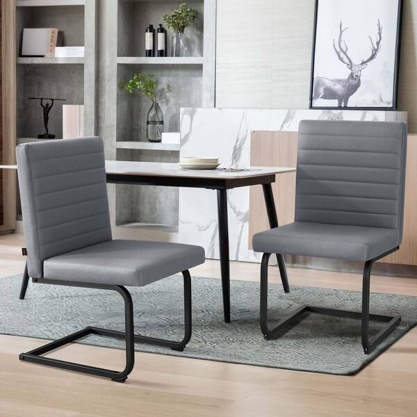 TENGYA LLC Grey Faux Leather Dining Chairs Set of 2,Upholstered Kitchen Side Chair,Mid-Century Modern Armless Chair for Dining Room
