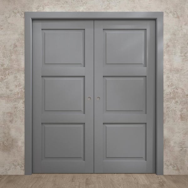 48 in. x 80 in. Painted Grey Oak Solid Wood Double Pocket Doors With Hardware