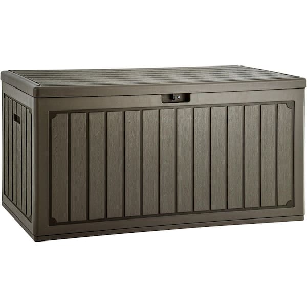 90 Gal. Double-Wall Deck Box, Large Resin Outdoor Storage Box for Patio Furniture, Lockable and Waterproof, Light Brown