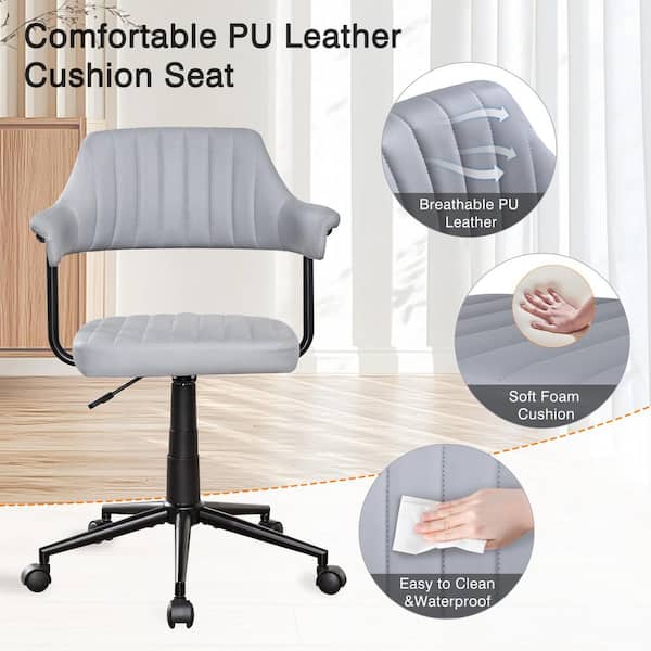 Adjustable Office Chair Faux Leather Swivel Ergonomic Task Chair in Gray with Armrests and Metal Frame for Home Office