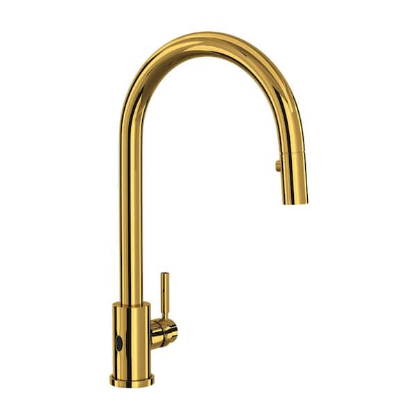 Holborn Single Handle Pull Down Sprayer Kitchen Faucet in Unlacquered Brass