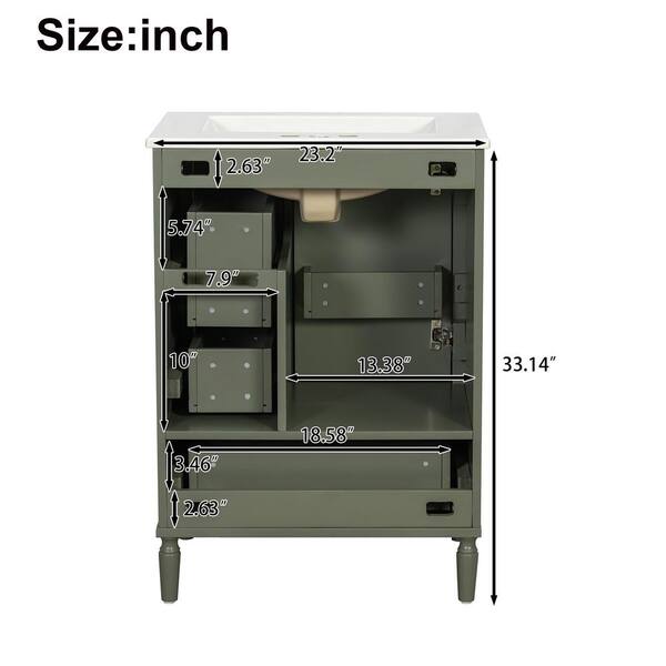 Virubi 24 in. W Olive Green Bath Vanity with White Ceramic Top, 3