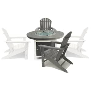 Vail 48 in. 2-Tone Gray Round Top Fire Pit, 5-Piece Plastic Patio Conversation Set with White Hampton Chairs
