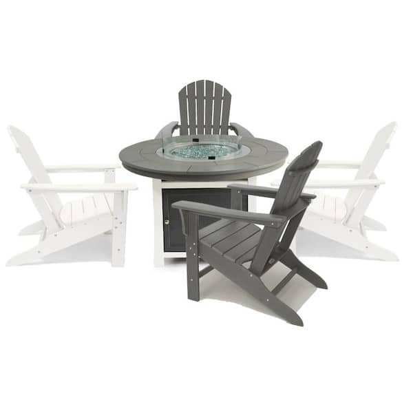 LuXeo Vail 48 in. 2-Tone Gray Round Top Fire Pit, 5-Piece Plastic Patio Conversation Set with White Hampton Chairs