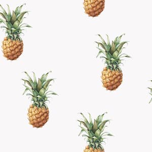 Pineapples White/Green/Brown Matte Finish Vinyl on Non-Woven Non-Pasted Wallpaper Roll