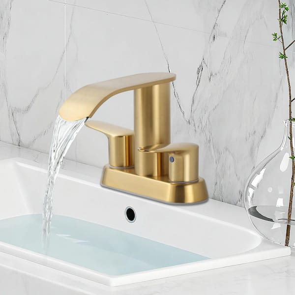 Waterfall 4 in. Centerset Double-Handle Bathroom Sink Faucet, Modern Faucet with Pop Up Drain in Brushed Gold