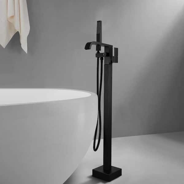 Single-Handle Floor Mount Freestanding Tub Faucet with Hand Shower in Black