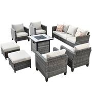 New Vultros Gray 8-Piece Wicker Patio Fire Pit Conversation Seating Set with Beige Cushions