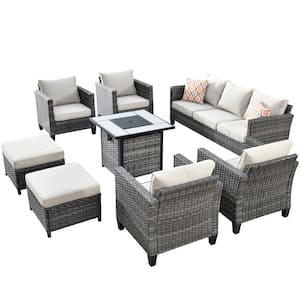 New Vultros Gray 8-Piece Wicker Patio Fire Pit Conversation Seating Set with Beige Cushions