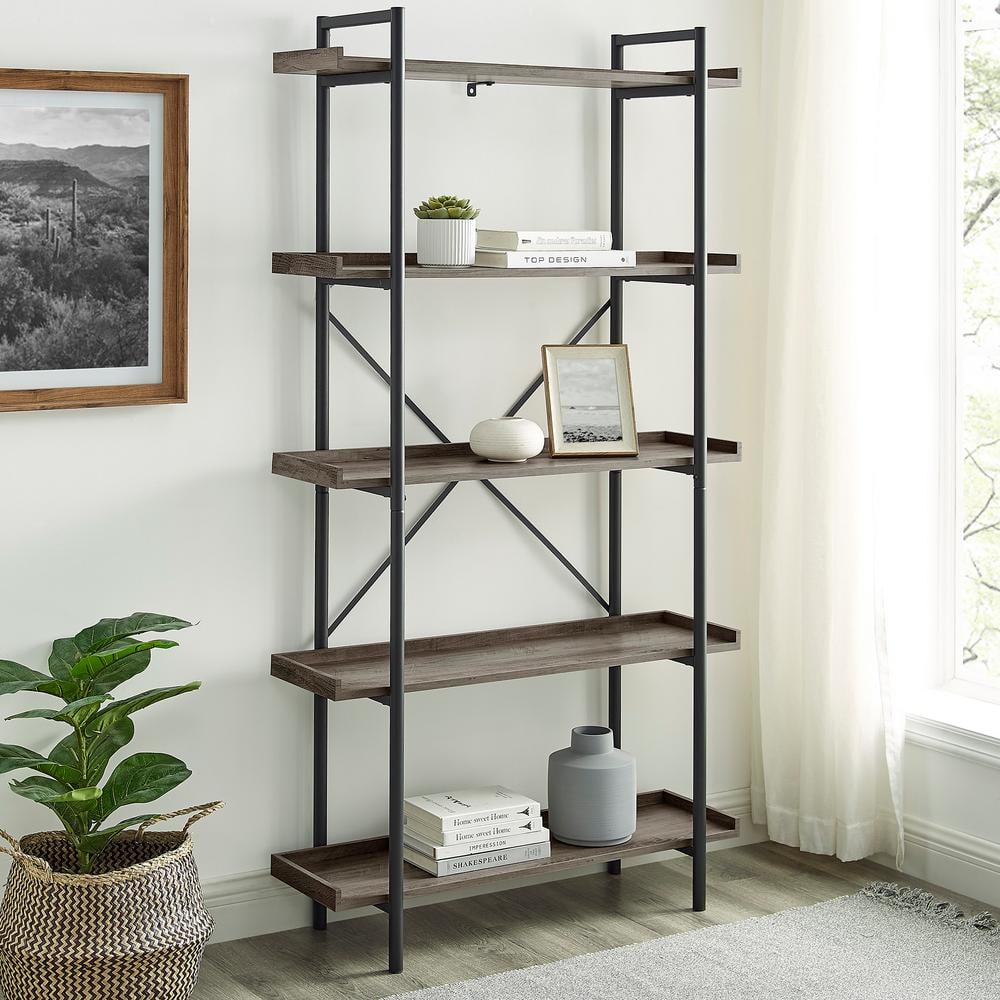 68 in. Gray Wash/Black Metal 5-shelf Etagere Bookcase with Open