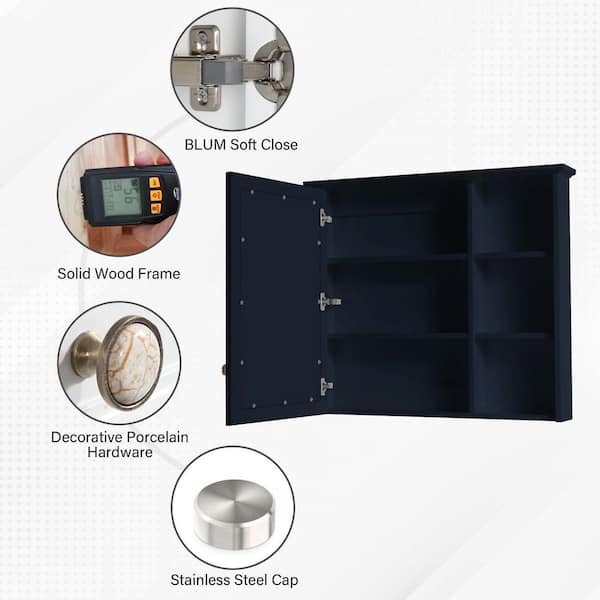 WELLFOR Solid Wood 34-in x 30-in Surface Mount Navy Blue Mirrored Soft Close Medicine Cabinet