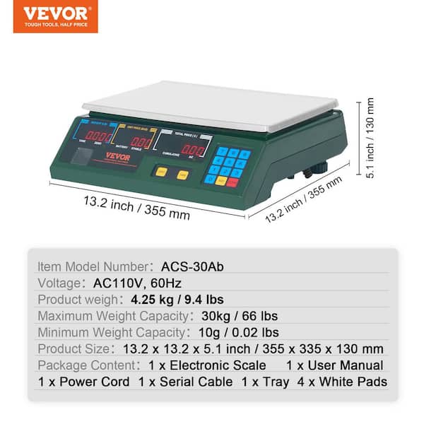 VEVOR Electronic Price Computing Scale, 66 LB Digital Deli Weight Scales,  LCD and LED Digital Commercial Food Scale DZJJC66BCDDBUKCUVV1 - The Home  Depot