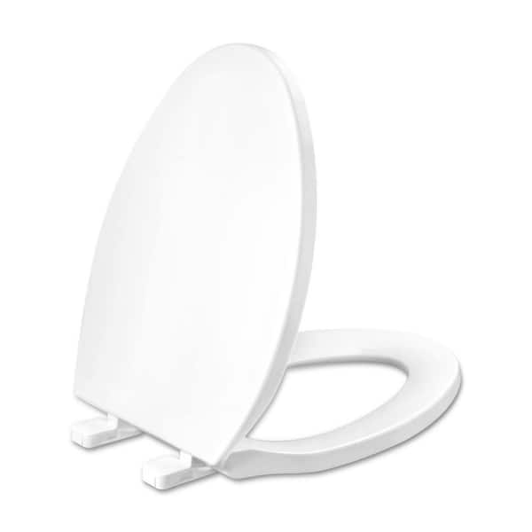 Oblong Round Toilet Seat with Slow-Close, Non-Slip Bumpers and Easy-Clean Surface, Four Bumpers Never Loosen, in White