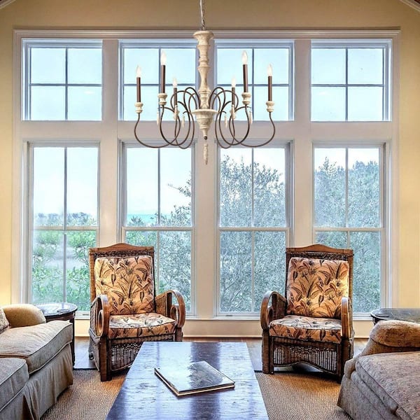 6-Light Aged Iron/Brown Candlestick Wood Chandelier French Country Farmhouse Antique Wood Hanging Light for Dining Room