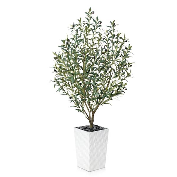 5 ft. Artificial Olive Tree Indoor/Outdoor White Planter,Faux Plants for Home Office Decor Living Room and Modern Spaces