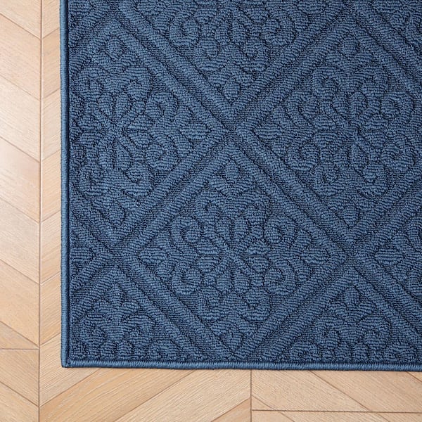 Austell Solid 2 ft. x 8 ft. Dusty Navy Geometric Runner Rug