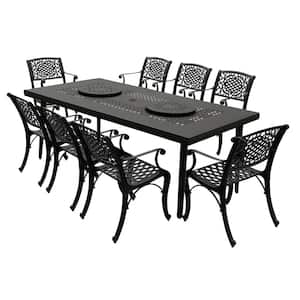 Black 9-Piece Aluminum Rectangular Mesh Outdoor Dining Set with 8-Chairs and 2 Lazy Susans