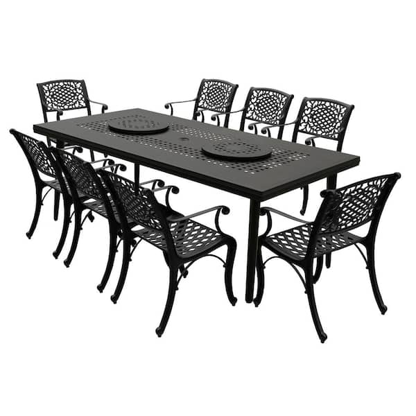 Oakland Living Black 9-Piece Aluminum Rectangular Mesh Outdoor Dining Set with 8-Chairs and 2 Lazy Susans