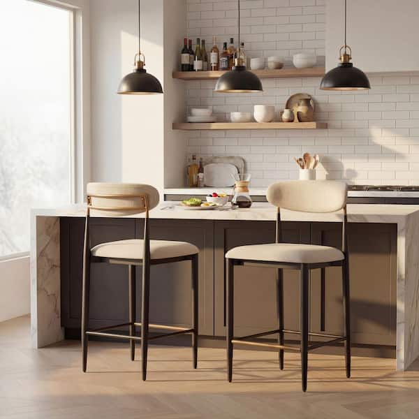 Modern 37.25 in. H Black High Back Metal Counter Height Stool with Fabric Upholstered Seat (Set of 2)