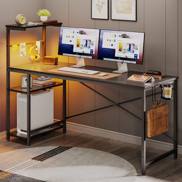 61 in. Rectangular Black Grained Computer Desk with 4-Tier Storage Shelves and Hook, Home Office Desk with LED Light