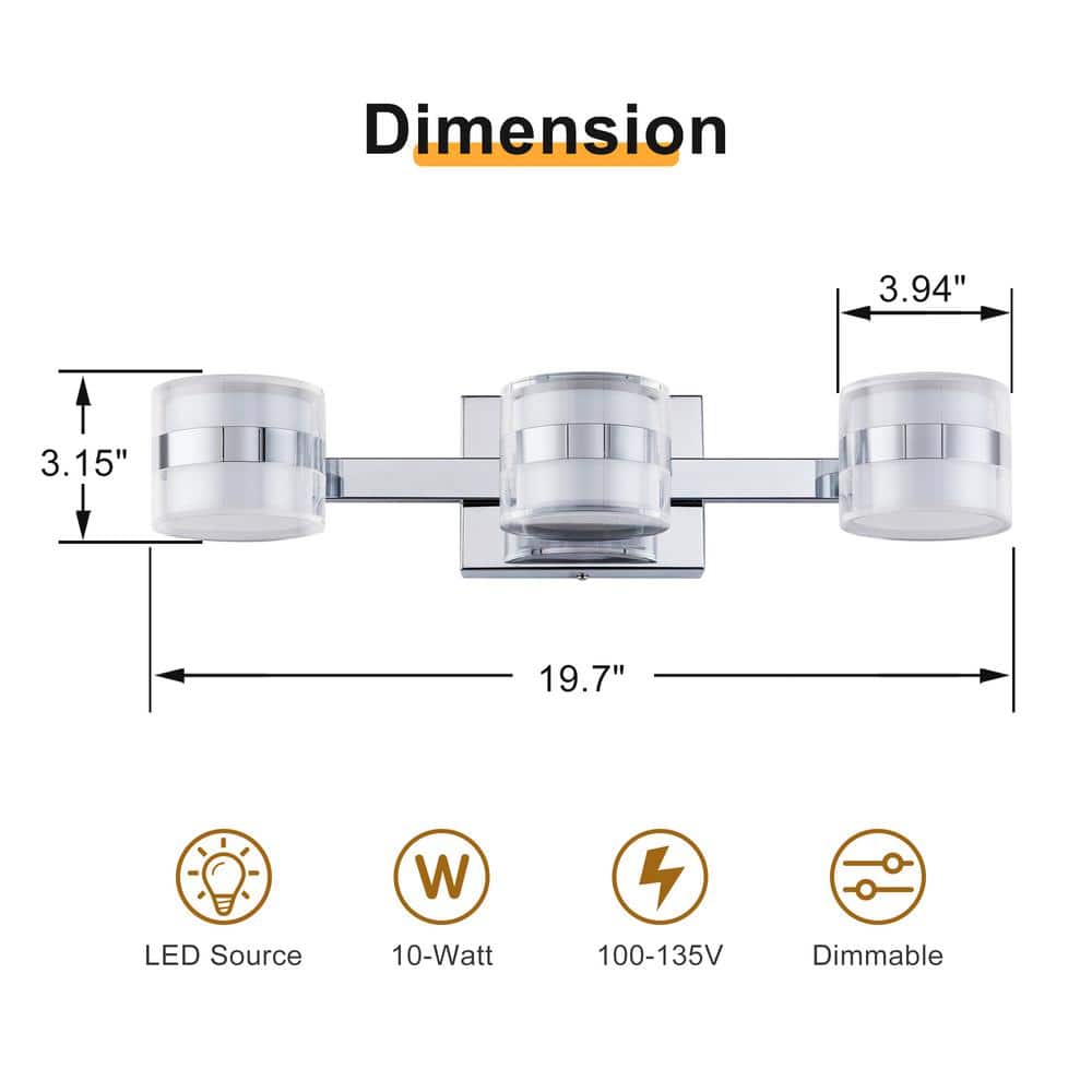 19.7" Chrome Acrylic 3-Light Dimmable Vanity Fixture